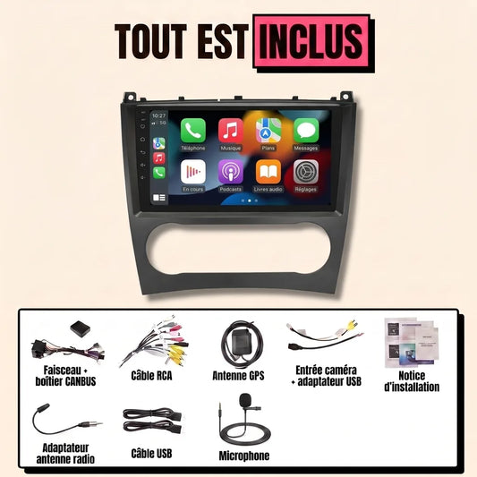 Kit CarPlay Mercedes Classe C W203 phase 2 restylée (2004-2007) tout inclus : écran 9 pouces, façade, faisceau canbus et accessoires
