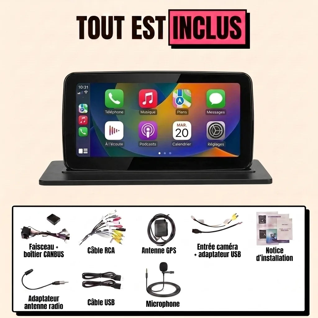 Kit complet CarPlay Mercedes Classe C W204 2007-2014 : écran 10,25 pouces, faisceau canbus, antenne GPS, micro, tout est inclus