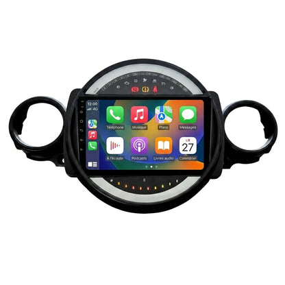 Autoradio CarPlay Android Auto Mini Cooper R56 (2006-2013), écran tactile 9 pouces intégré au bloc central rond avec entourages d'aérateurs, vue de face sur fond blanc