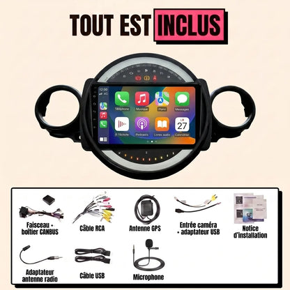 Kit autoradio CarPlay Mini Cooper R56 (2006-2013) écran tactile 9 pouces dans le bloc central rond : tout est inclus, faisceau canbus, antenne GPS, câbles, microphone et notice
