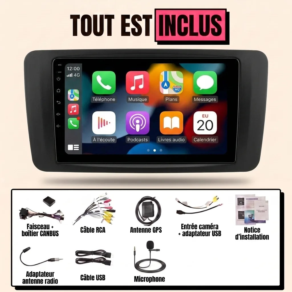Kit autoradio CarPlay Nissan Juke F15 (2010-2019) écran tactile 9 pouces avec cadre : tout est inclus, faisceau canbus, antenne GPS, câbles, microphone et notice