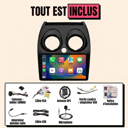 Kit autoradio CarPlay Nissan Qashqai J10 phase 2 (2010-2013) écran tactile 9 pouces avec façade bouton warning rond : tout est inclus, faisceau canbus, antenne GPS, câbles, microphone et notice
