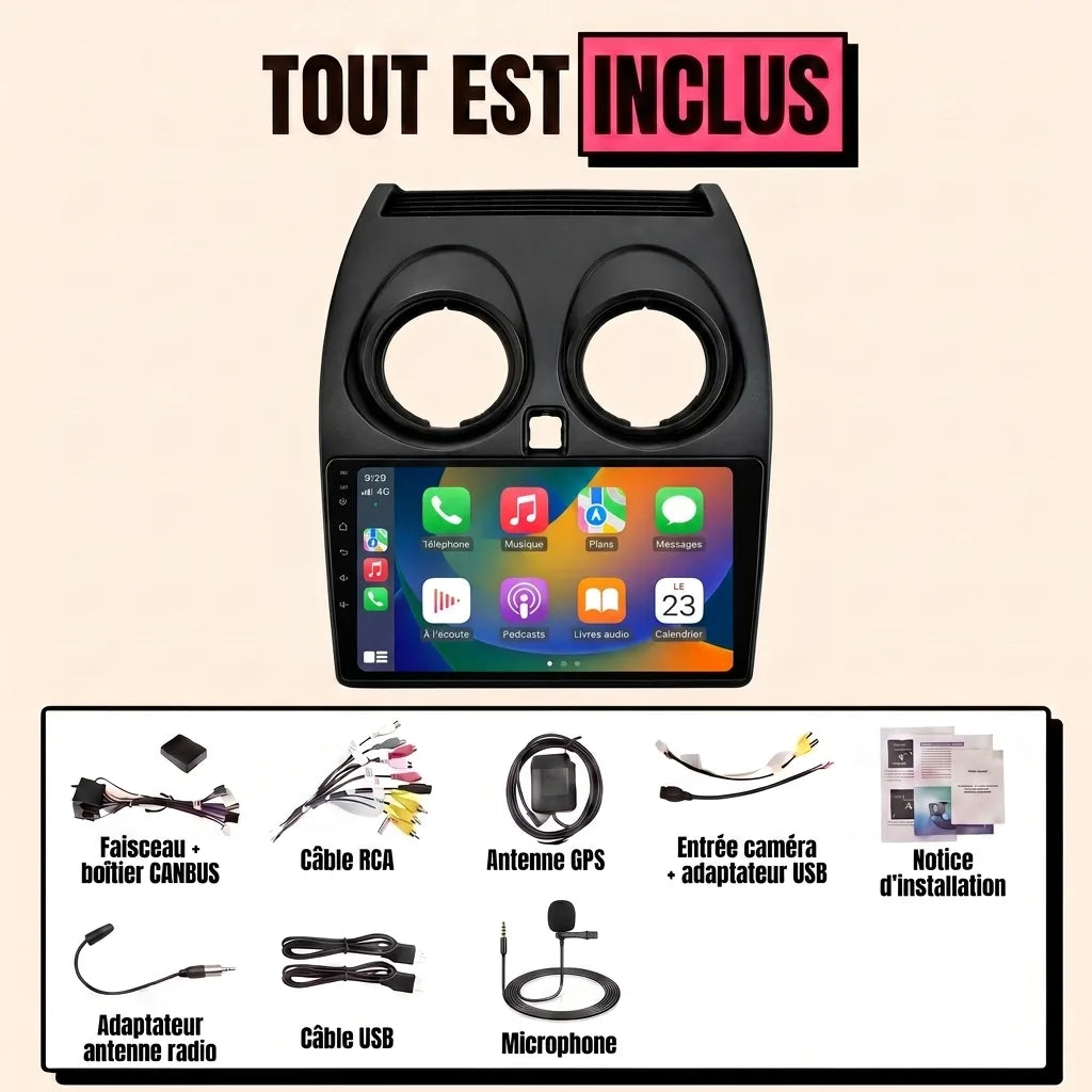 Kit autoradio CarPlay Nissan Qashqai J10 phase 1 (2007-2010) écran tactile 9 pouces avec façade aérateurs ronds et bouton warning carré : tout est inclus, faisceau canbus, antenne GPS, câbles, microphone et notice