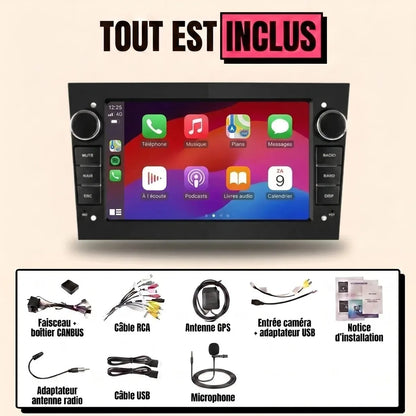 Kit autoradio CarPlay Opel Astra H (2004-2010) écran tactile 7 pouces façade noire format Opel : tout est inclus, faisceau canbus, antenne GPS, câbles, microphone et notice