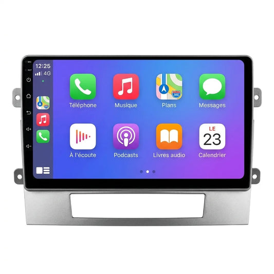 Autoradio CarPlay Android Auto Opel Astra J (2009-2015), écran tactile 9 pouces avec façade Astra J gris argent, vue de face sur fond blanc
