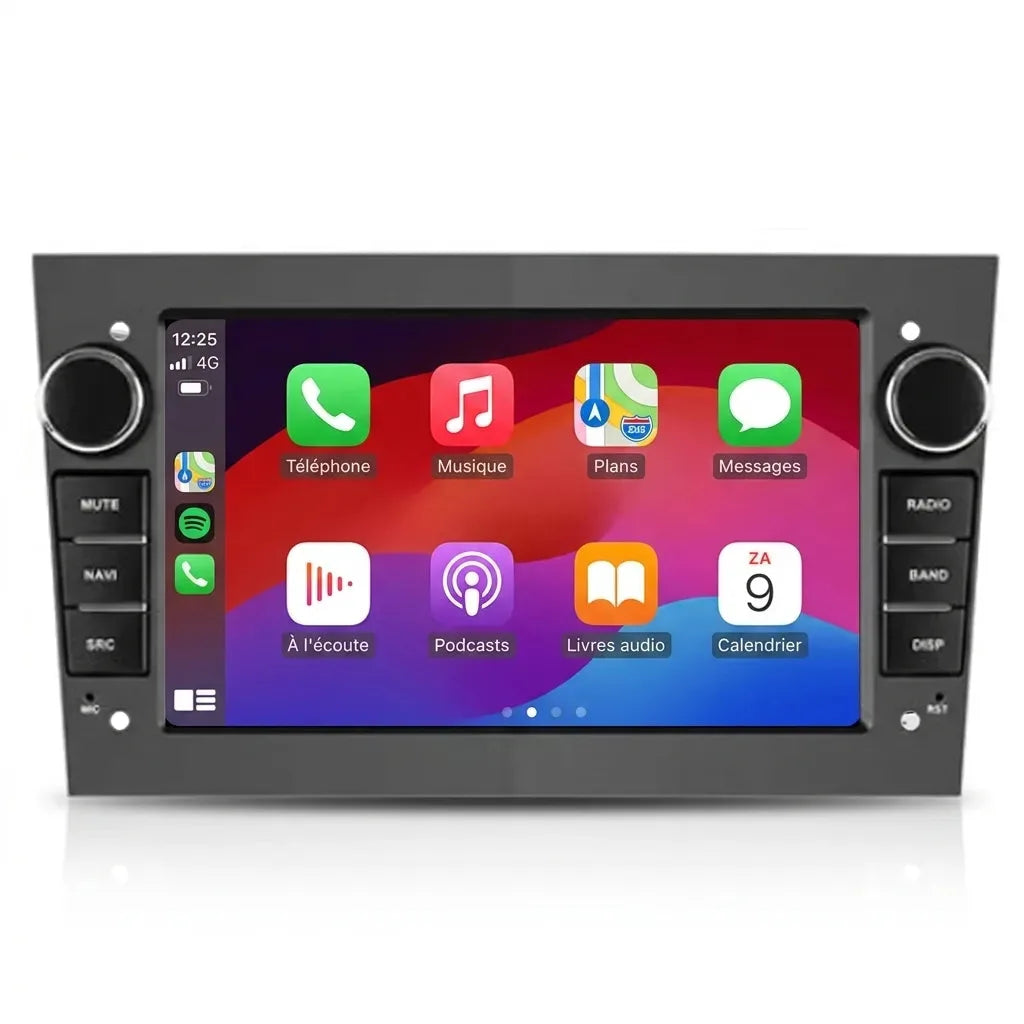Autoradio CarPlay Android Auto Opel Zafira B (2005-2014), écran tactile 7 pouces, façade gris anthracite format Opel avec boutons rotatifs, vue de face sur fond blanc