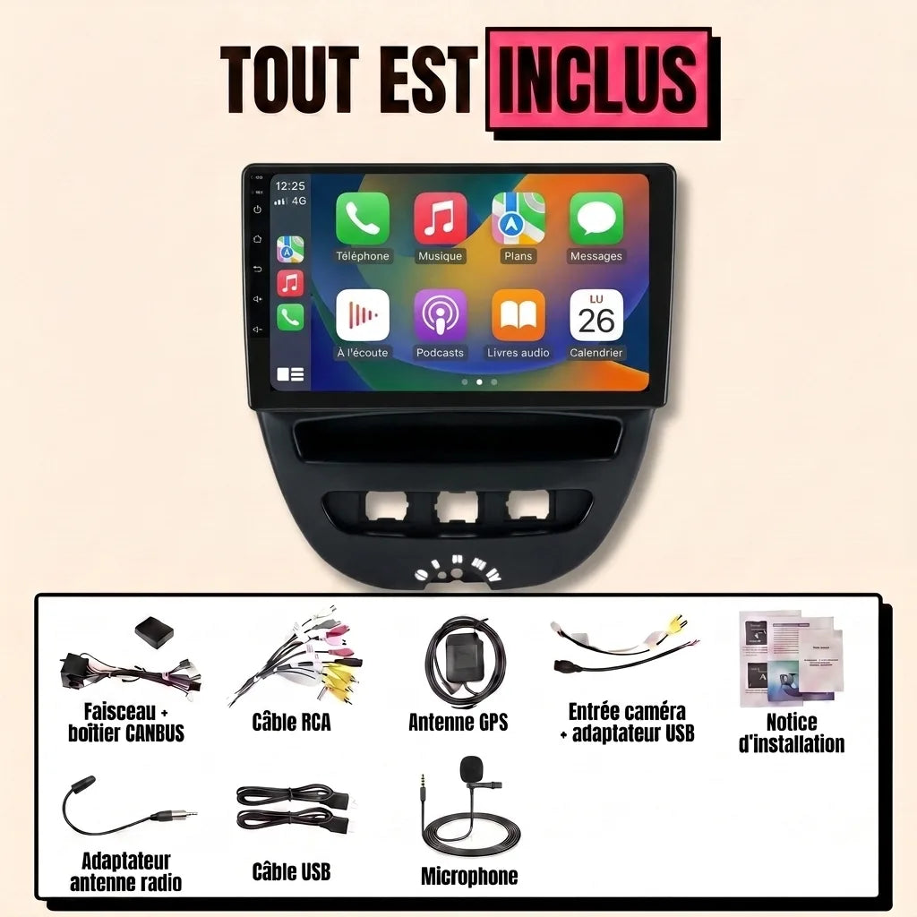 Kit autoradio CarPlay Peugeot 107 (2005-2014) écran tactile 9 pouces avec façade de console : tout est inclus, faisceau canbus, antenne GPS, câbles, microphone et notice