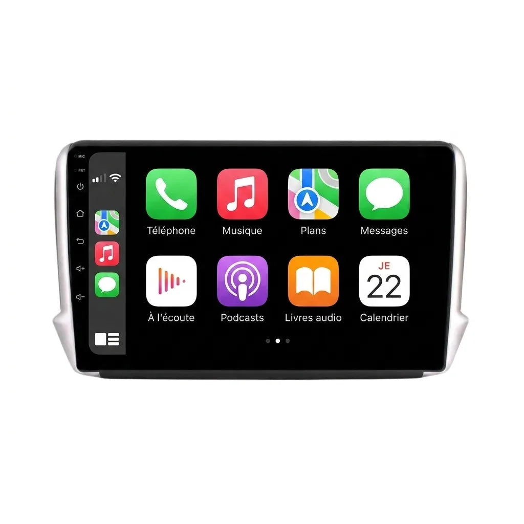 Autoradio CarPlay Android Auto Peugeot 2008 écran tactile 10.1 pouces avec cadre d'adaptation argenté, vue de face