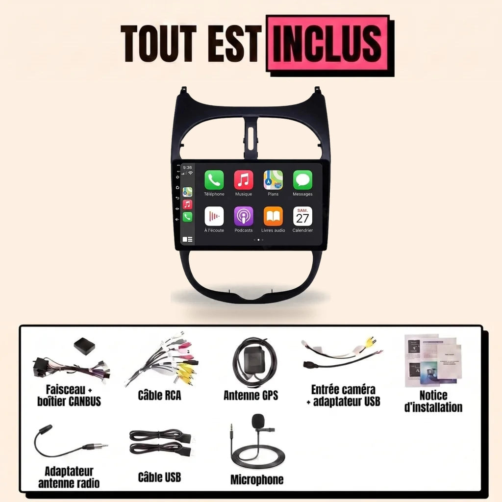 Autoradio CarPlay Peugeot 206 et 206 CC écran 9 pouces dans sa façade d'adaptation noire complète, kit complet tout inclus avec faisceau CANBUS, antenne GPS, caméra et microphone