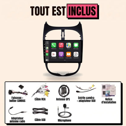Autoradio CarPlay Peugeot 206 et 206 CC écran 9 pouces dans sa façade d'adaptation noire complète, kit complet tout inclus avec faisceau CANBUS, antenne GPS, caméra et microphone