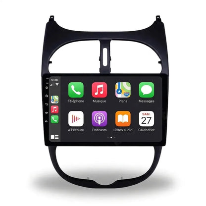 Autoradio CarPlay Android Auto Peugeot 206 CC écran tactile 9 pouces avec façade d'adaptation, vue de face