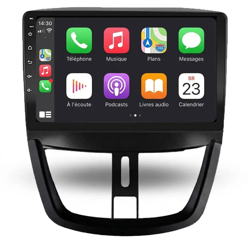 Autoradio CarPlay Android Auto Peugeot 207 CC écran tactile 9 pouces avec façade d'adaptation, vue de face