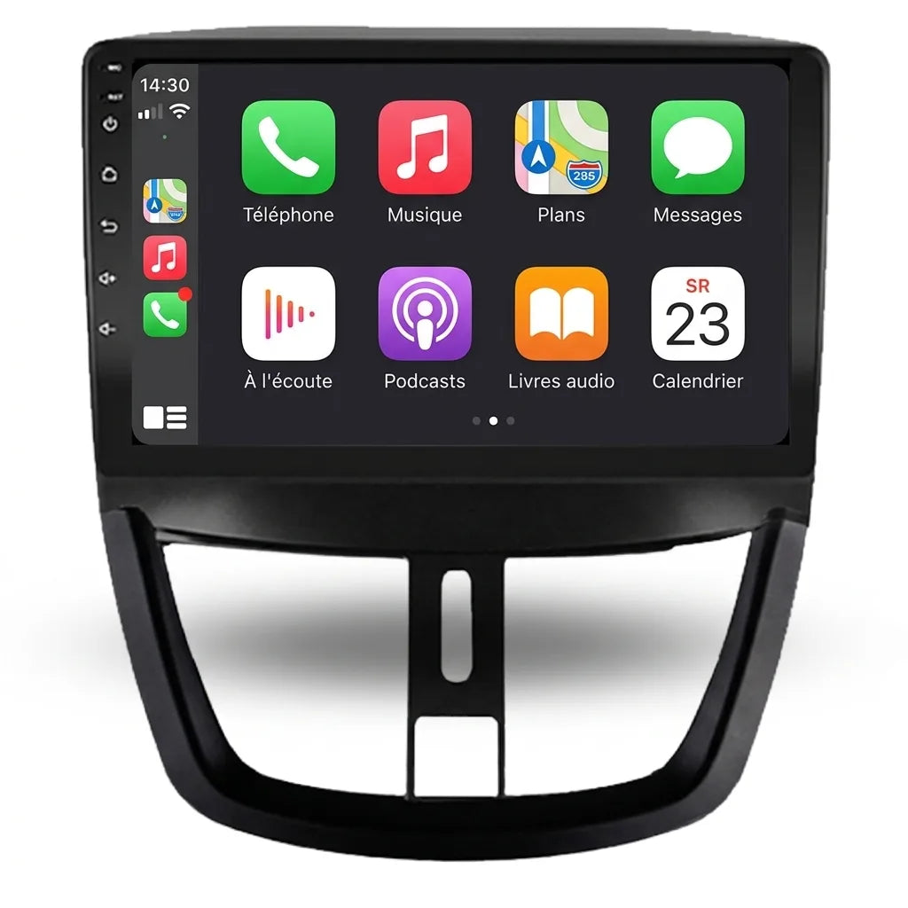 Autoradio CarPlay Android Auto Peugeot 207 écran tactile 9 pouces avec façade d'adaptation, vue de face
