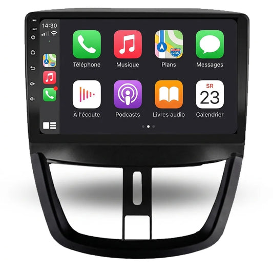 Autoradio CarPlay Android Auto Peugeot 207 écran tactile 9 pouces avec façade d'adaptation, vue de face