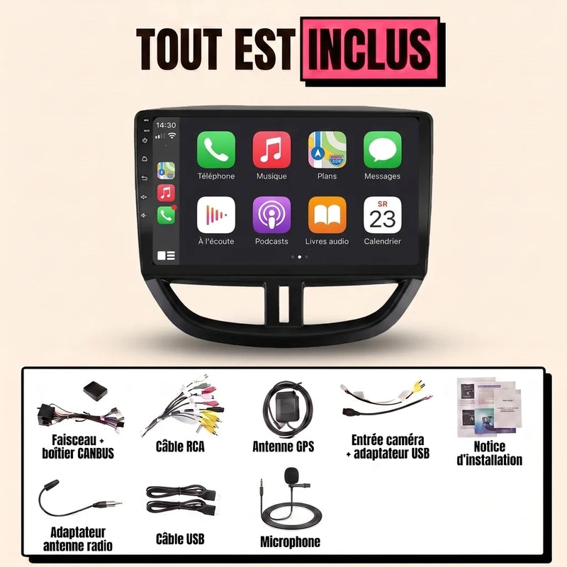 Autoradio CarPlay Peugeot 207 (2006-2015) écran 9 pouces — kit complet inclus : façade d'adaptation, faisceau canbus, antenne GPS, câbles USB, microphone, notice