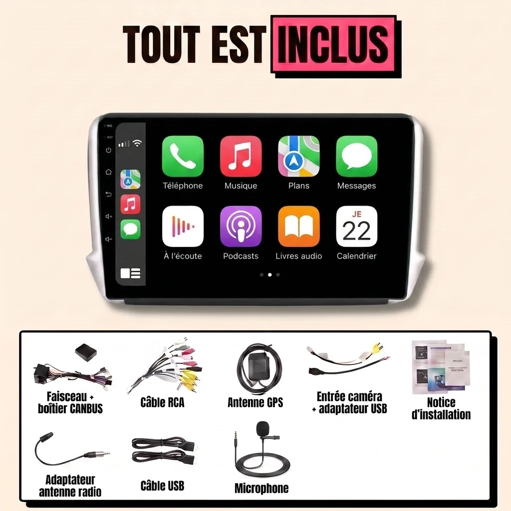Autoradio CarPlay Peugeot 208 (2012-2018) écran 10.1 pouces — kit complet inclus : façade d'adaptation, faisceau canbus, antenne GPS, câbles USB, microphone, notice