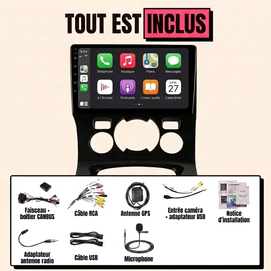 Autoradio CarPlay Peugeot 3008 (2009-2015) écran 9 pouces, façade climatisation automatique, kit complet inclus : faisceau canbus, antenne GPS, câbles USB, microphone, notice