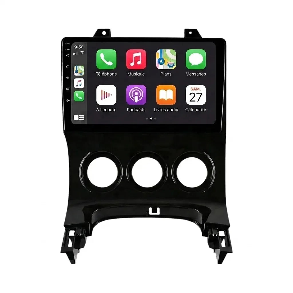 Autoradio CarPlay Android Auto Peugeot 3008 écran tactile 9 pouces avec façade d'adaptation climatisation manuelle, vue de face