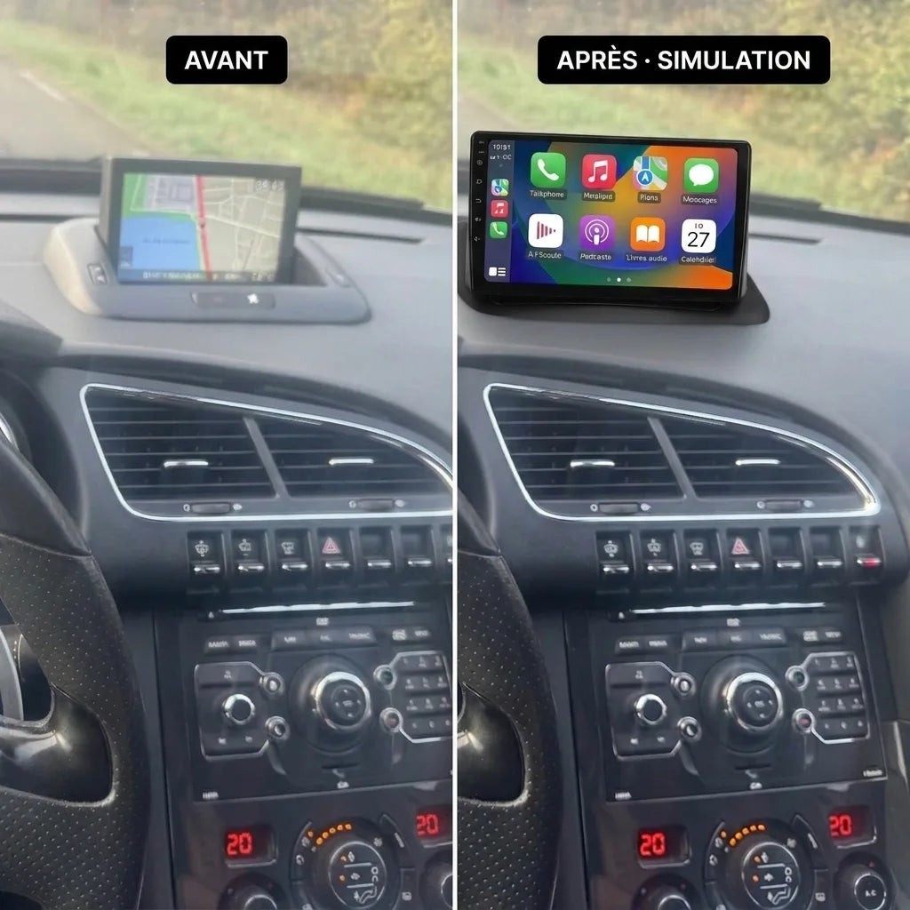 Avant / après sur une Peugeot 3008 à navigation : écran GPS escamotable d'origine, puis écran CarPlay 9 pouces au même emplacement en haut de planche de bord (simulation)