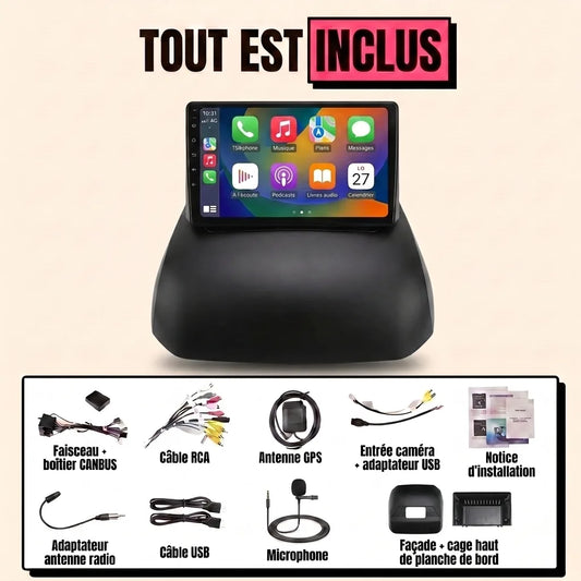 Kit autoradio CarPlay 9 pouces pour Peugeot 3008 à écran GPS escamotable 2009-2015, tout inclus : façade et cage haut de planche de bord, faisceau, boîtier CANBUS, antenne GPS, câbles USB, microphone