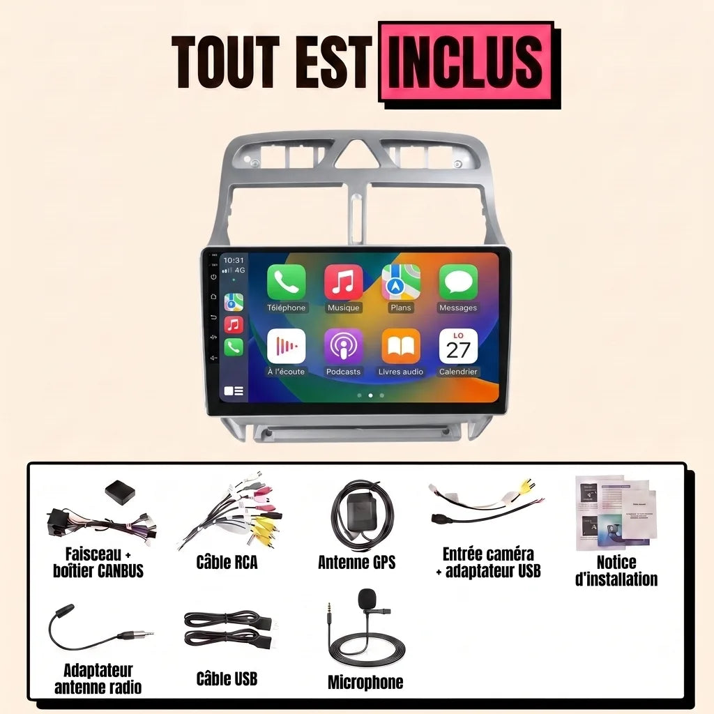 Autoradio CarPlay Peugeot 307 CC : tout est inclus — façade gris argent, faisceau canbus, antenne GPS, micro et câbles