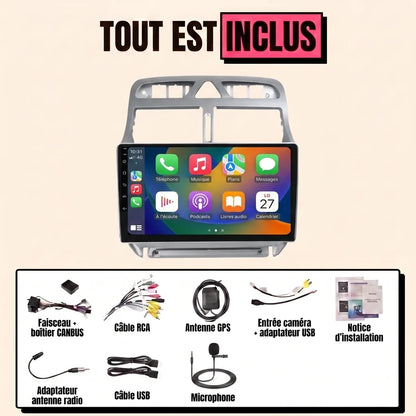 Autoradio CarPlay Peugeot 307 CC : tout est inclus — façade gris argent, faisceau canbus, antenne GPS, micro et câbles