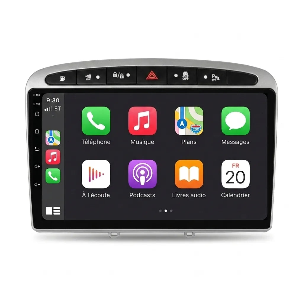 Autoradio CarPlay Android Auto Peugeot 308 écran tactile 9 pouces avec façade d'adaptation grise, vue de face