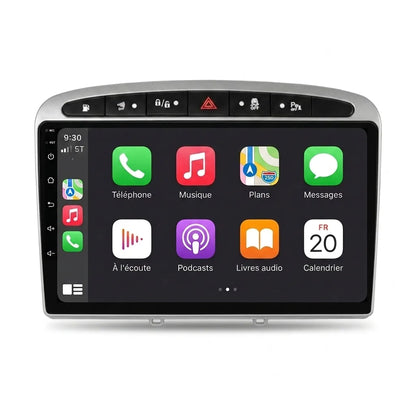 Autoradio CarPlay Android Auto Peugeot 308 écran tactile 9 pouces avec façade d'adaptation grise, vue de face