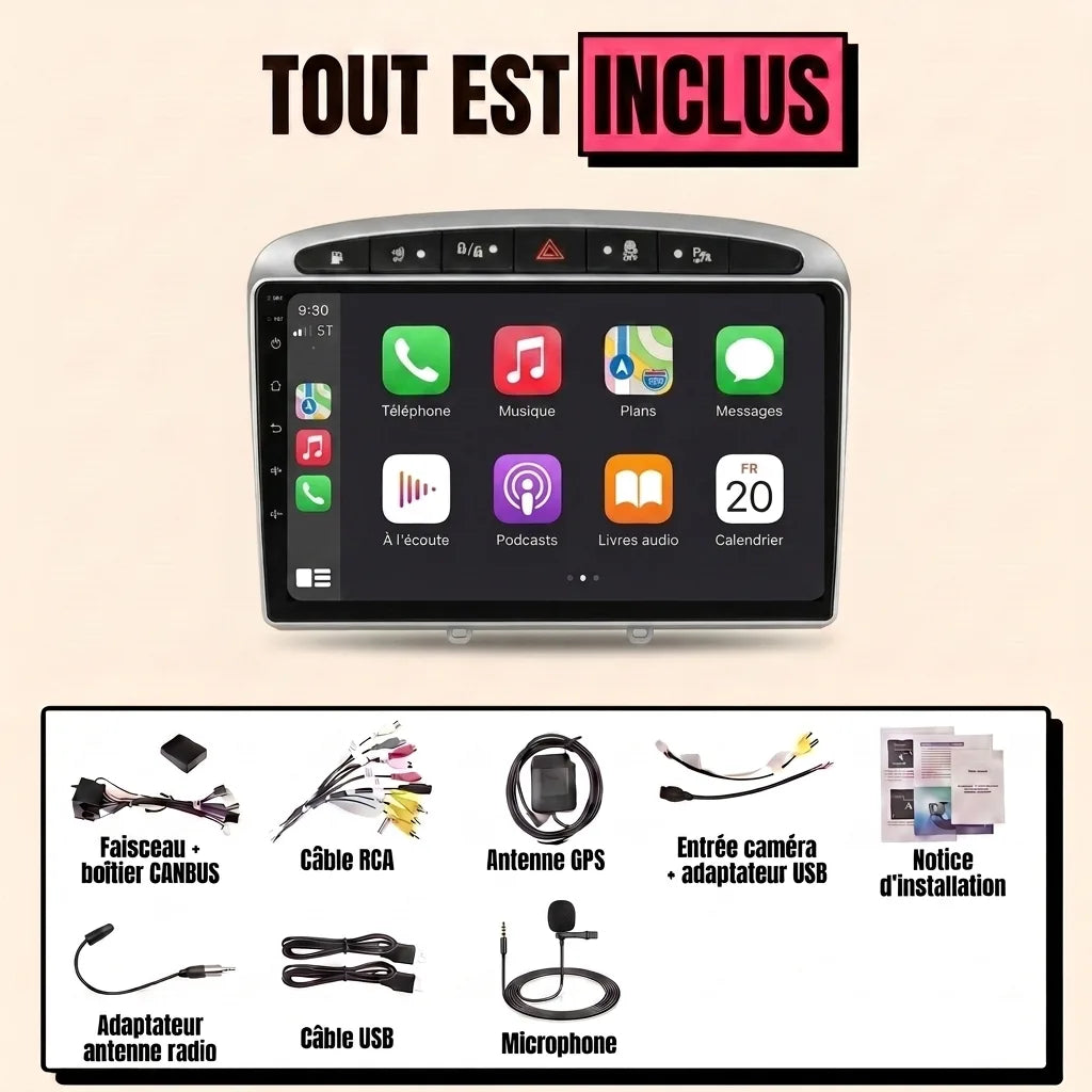 Autoradio CarPlay Peugeot 308 (2007-2015) écran 9 pouces façade grise — kit complet inclus : faisceau canbus, antenne GPS, câbles USB, microphone, notice