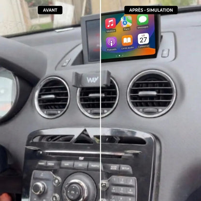 Avant / après sur une Peugeot 308 NG4 : écran d'origine WIP Nav en haut de planche de bord, puis écran CarPlay 9 pouces au même emplacement (simulation)