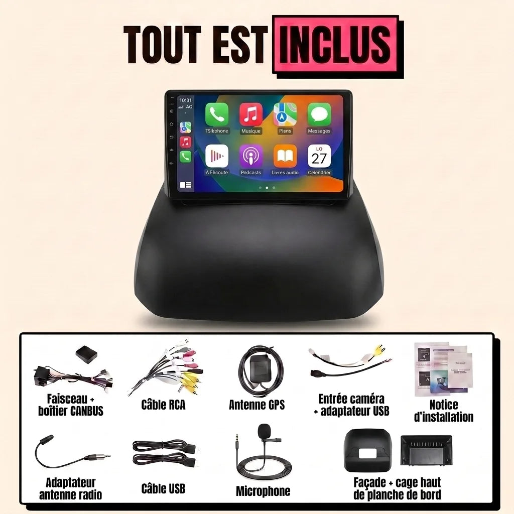Kit autoradio CarPlay 9 pouces pour Peugeot 308 NG4 / WIP Nav 2007-2015, tout inclus : façade et cage de montage haut de planche de bord, faisceau, boîtier CANBUS, antenne GPS, câbles USB, microphone