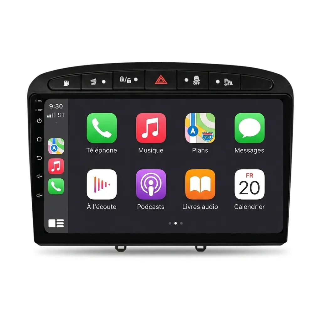 Autoradio CarPlay Android Auto Peugeot 308 écran tactile 9 pouces avec façade d'adaptation noire et bandeau de boutons, vue de face