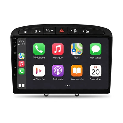 Autoradio CarPlay Android Auto Peugeot 308 écran tactile 9 pouces avec façade d'adaptation noire et bandeau de boutons, vue de face