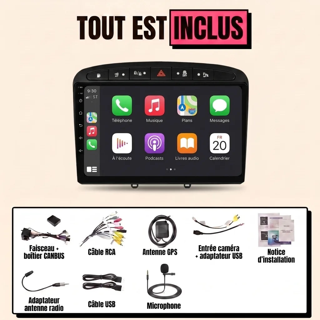 Autoradio CarPlay Peugeot 308 (2007-2015) écran 9 pouces façade noire — kit complet inclus : faisceau canbus, antenne GPS, câbles USB, microphone, notice