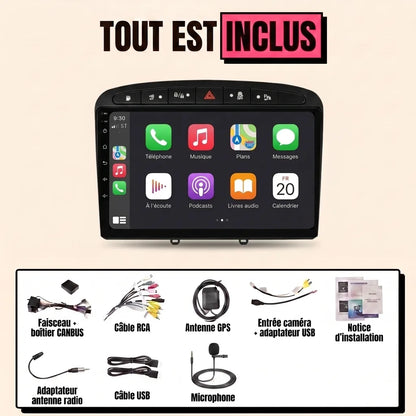 Autoradio CarPlay Peugeot 308 (2007-2015) écran 9 pouces façade noire — kit complet inclus : faisceau canbus, antenne GPS, câbles USB, microphone, notice