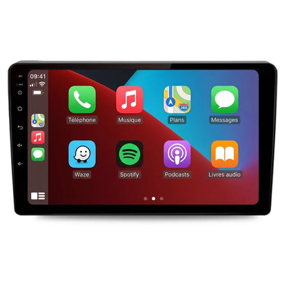 Autoradio CarPlay Peugeot 407 (2004-2011) écran tactile 9 pouces avec cadre noir, vue de face sur fond blanc