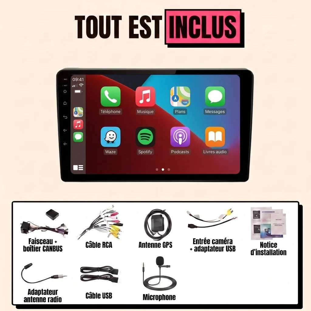 Autoradio CarPlay Peugeot 407 (2004-2011) : tout est inclus, écran 9 pouces avec cadre, faisceau canbus, antenne GPS, micro et câbles