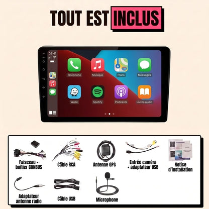 Autoradio CarPlay Peugeot 407 (2004-2011) : tout est inclus, écran 9 pouces avec cadre, faisceau canbus, antenne GPS, micro et câbles