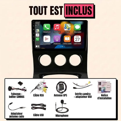 Autoradio CarPlay Peugeot 5008 (2009-2017) écran 9 pouces, façade climatisation manuelle, kit complet inclus : faisceau canbus, antenne GPS, câbles USB, microphone, notice