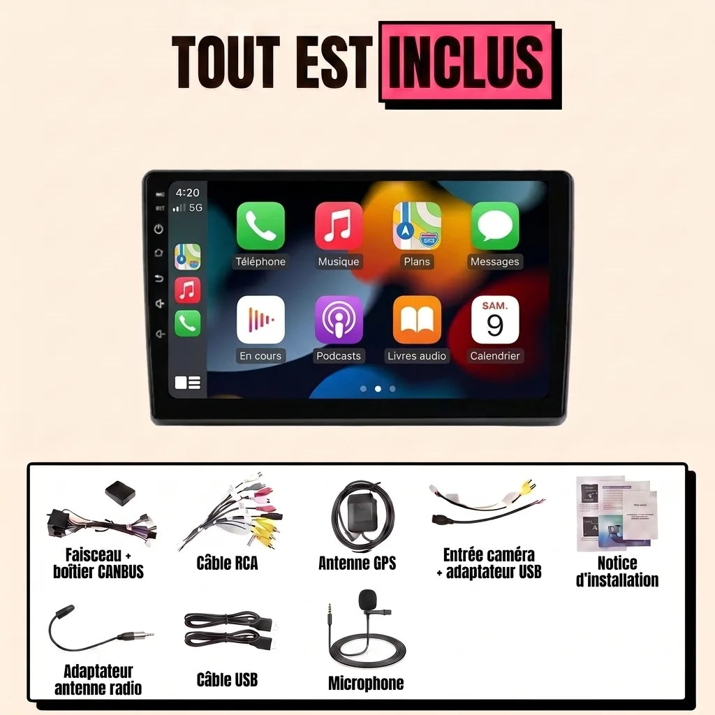 Autoradio CarPlay Peugeot Boxer 2006-2021 : tout est inclus, écran 9 pouces, façade, faisceau canbus, antenne GPS, micro et câbles