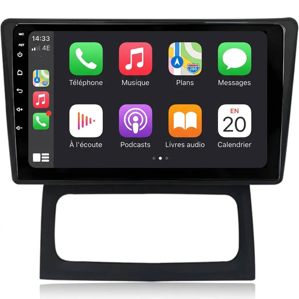 Autoradio CarPlay Android Auto Renault Clio 2 (2001-2012), écran tactile 9 pouces avec façade Clio 2, vue de face sur fond blanc