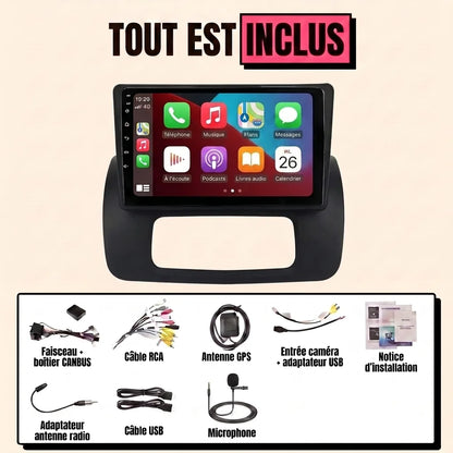 Kit autoradio CarPlay Renault Clio 2 (2001-2012) écran tactile 9 pouces : tout est inclus, faisceau canbus, antenne GPS, câbles, microphone et notice
