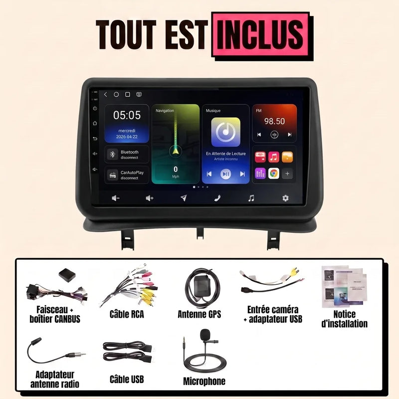 Kit autoradio CarPlay Renault Clio 3 (2005-2014) écran tactile 9 pouces : tout est inclus, faisceau canbus, antenne GPS, câbles, microphone et notice
