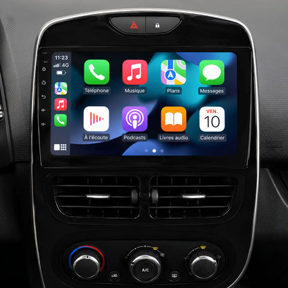 Autoradio CarPlay 10.1 pouces installé dans le tableau de bord d'une Renault Clio 4 phase 1 (2012-2016), à la place du Medianav