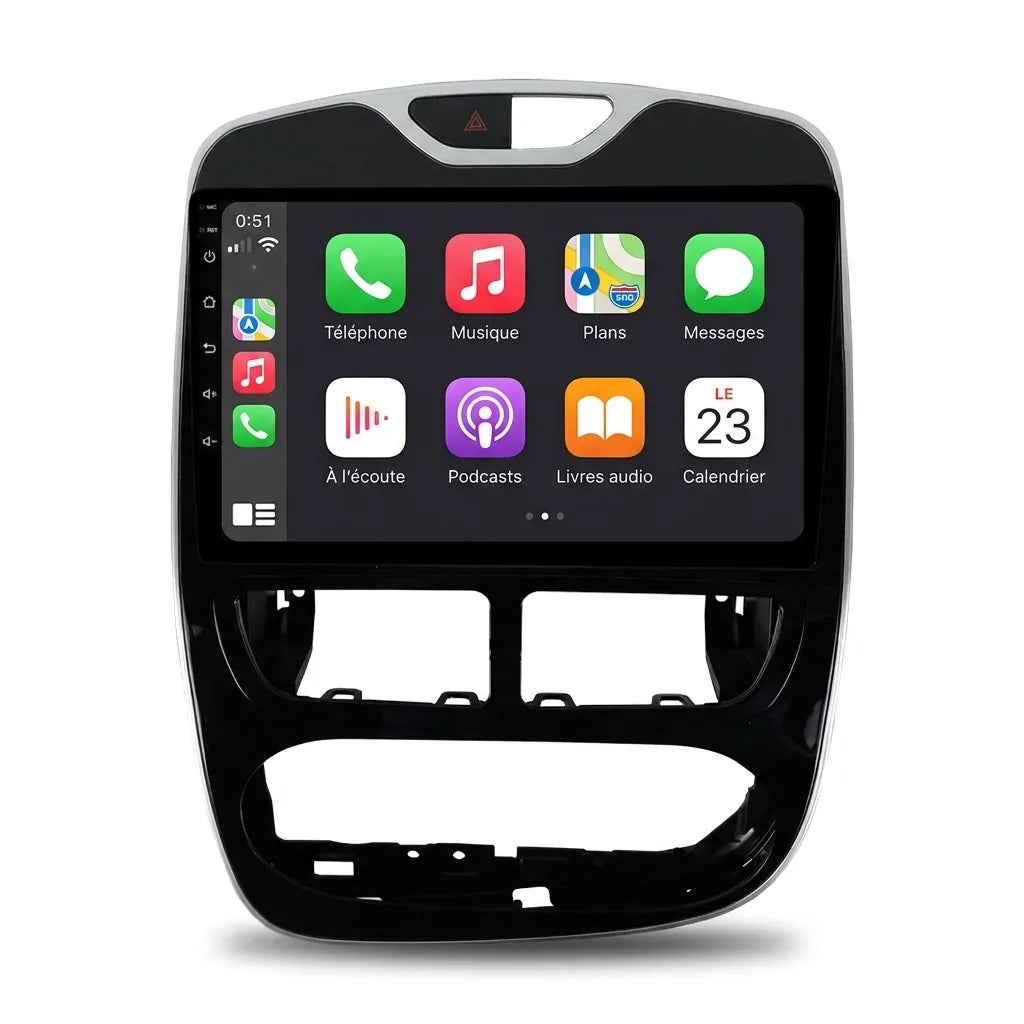 Autoradio CarPlay Android Auto Renault Clio 4 phase 1 (2012-2016), écran tactile 10.1 pouces avec façade Clio 4, vue de face sur fond blanc