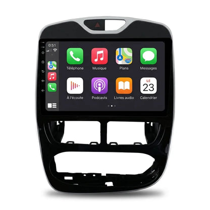 Autoradio CarPlay Android Auto Renault Clio 4 phase 1 (2012-2016), écran tactile 10.1 pouces avec façade Clio 4, vue de face sur fond blanc