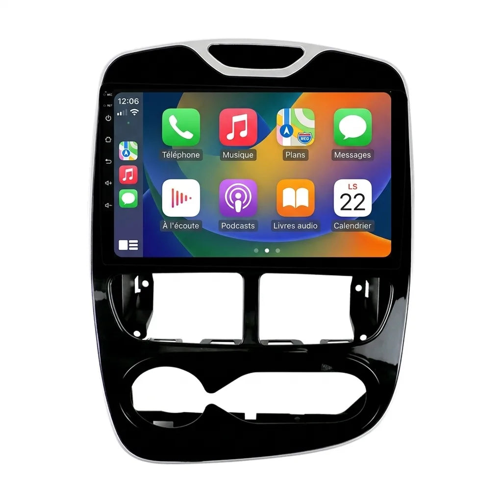 Autoradio CarPlay Android Auto Renault Clio 4 phase 2 (2016-2019), écran tactile 10.1 pouces avec façade Clio 4 restylée, vue de face sur fond blanc