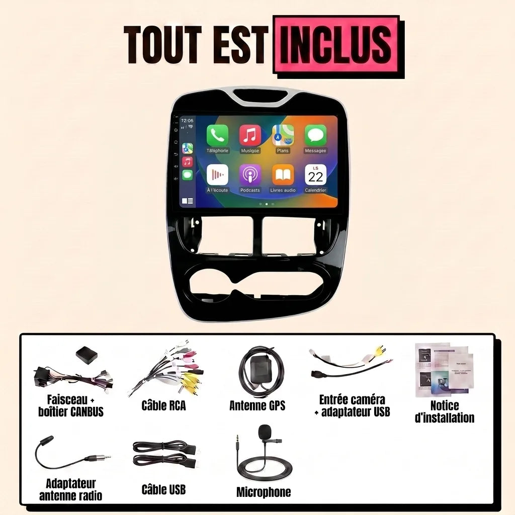Kit autoradio CarPlay Renault Clio 4 phase 2 (2016-2019) écran tactile 10.1 pouces : tout est inclus, faisceau canbus, antenne GPS, câbles, microphone et notice