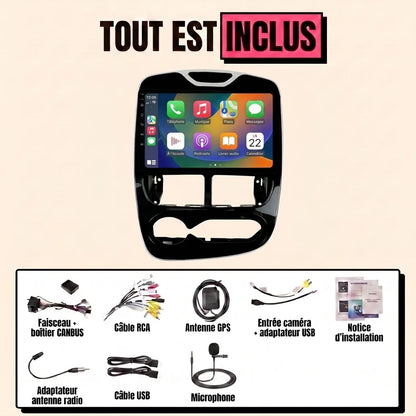 Kit autoradio CarPlay Renault Clio 4 phase 2 (2016-2019) écran tactile 10.1 pouces : tout est inclus, faisceau canbus, antenne GPS, câbles, microphone et notice