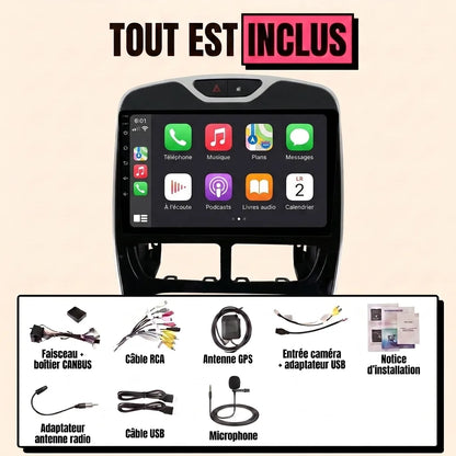 Kit autoradio CarPlay Renault Clio 4 phase 1 (2012-2016) écran tactile 10.1 pouces : tout est inclus, faisceau canbus, antenne GPS, câbles, microphone et notice